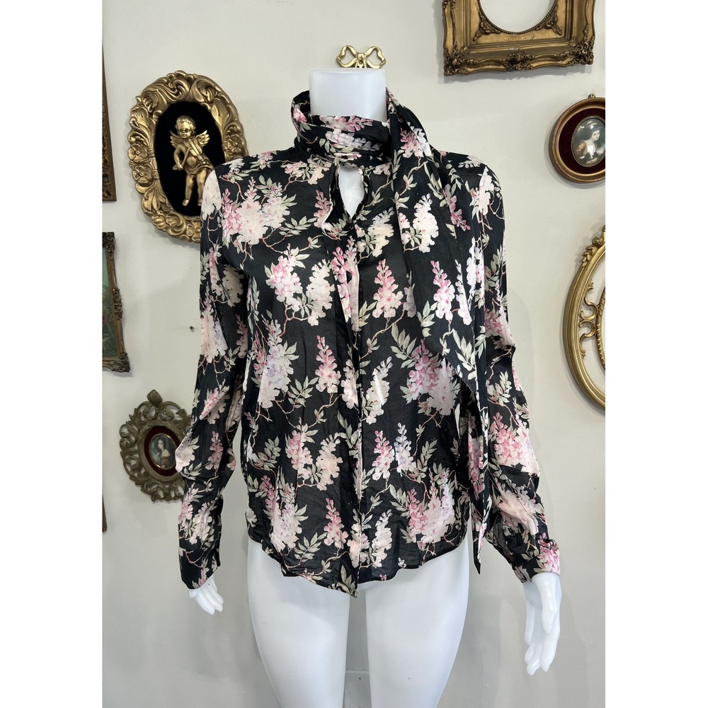 Celine Paris Black Pink Floral Print Silk Tie Neck Long Sleeve Blouse Size 38